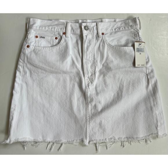 Polo Ralph Lauren White Distressed Hem Short Denim Skirt Women Size 30 NWT $168 - Picture 1 of 13